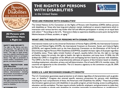 [ai] A pamphlet titled 'The Rights of Persons with Disabilities in the United States,' outlining details from the UN's Convention on the Rights of Persons with Disabilities, including definitions and rights, along with sections on recognition of disability rights.